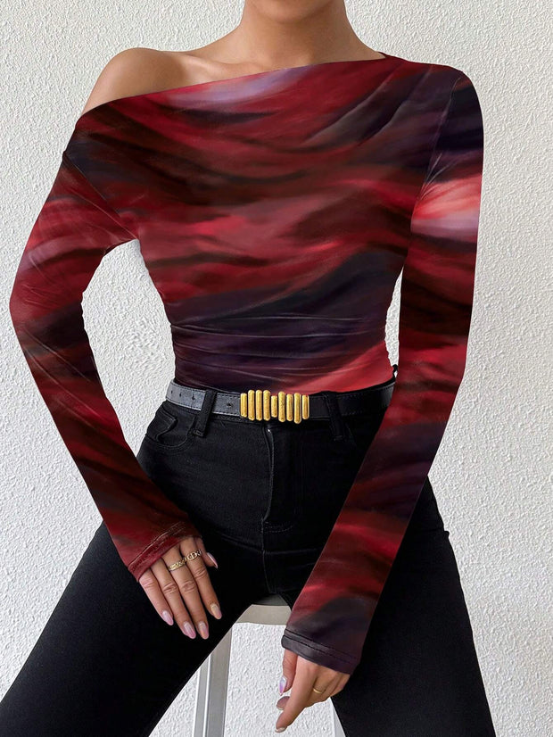 Rafferiza Marble Gradient Print Asymmetric Asymmetrical Neck Long Sleeve T-Shirt