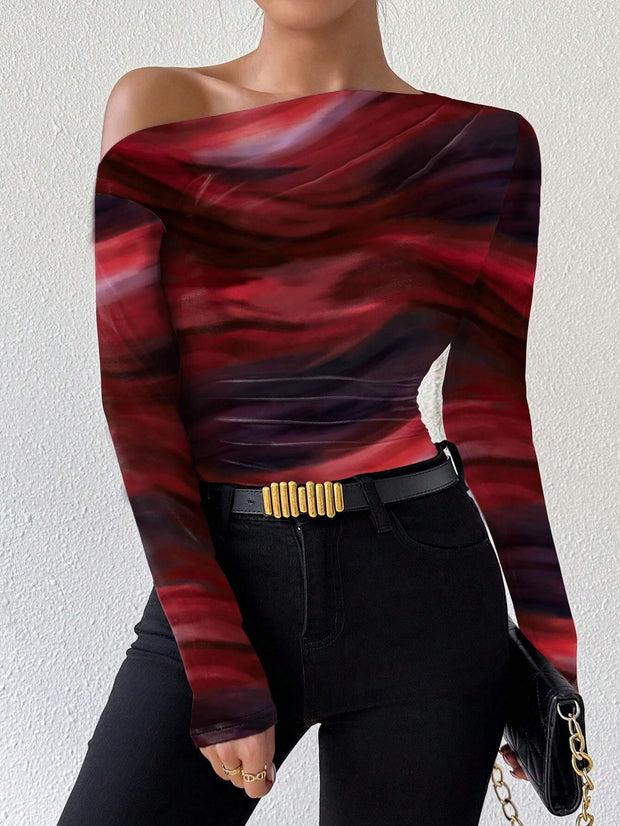 Rafferiza Marble Gradient Print Asymmetric Asymmetrical Neck Long Sleeve T-Shirt