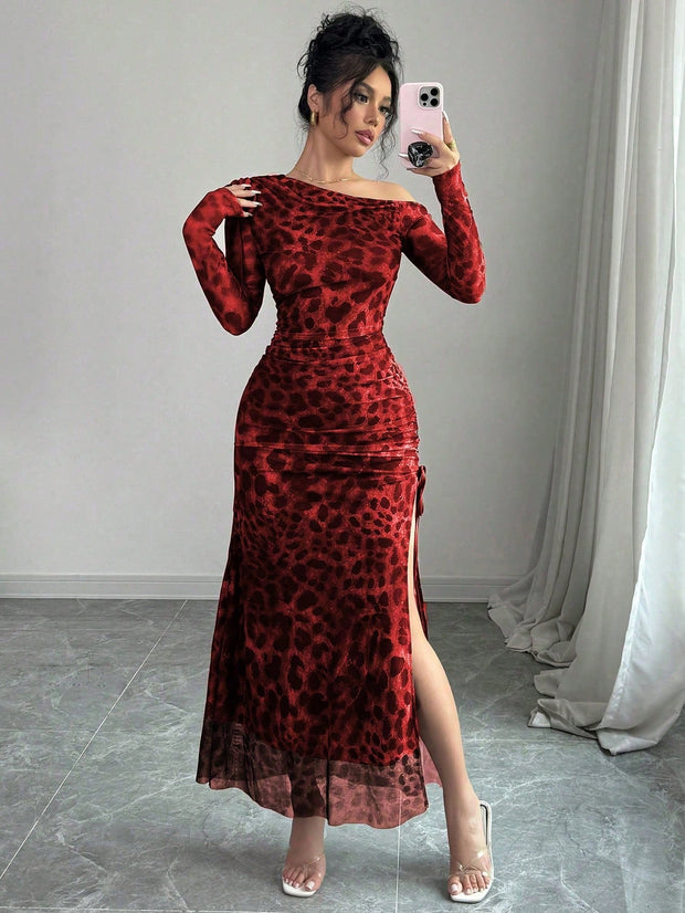 Rafferiza Elegant Tie Dye Gradient Ruched Mesh Leopard Print Asymmetrical Neck High Slit Dress Maxi Women Outfit