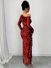 Rafferiza Elegant Tie Dye Gradient Ruched Mesh Leopard Print Asymmetrical Neck High Slit Dress Maxi Women Outfit