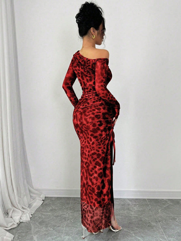 Rafferiza Elegant Tie Dye Gradient Ruched Mesh Leopard Print Asymmetrical Neck High Slit Dress Maxi Women Outfit