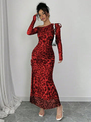 Rafferiza Elegant Tie Dye Gradient Ruched Mesh Leopard Print Asymmetrical Neck High Slit Dress Maxi Women Outfit