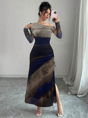 Rafferiza Elegant Tie Dye Gradient Ruched Mesh Leopard Print Asymmetrical Neck High Slit Dress Maxi Women Outfit