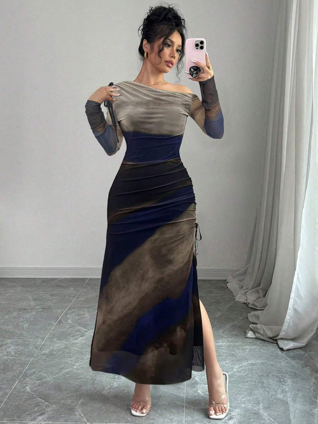 Rafferiza Elegant Tie Dye Gradient Ruched Mesh Leopard Print Asymmetrical Neck High Slit Dress Maxi Women Outfit