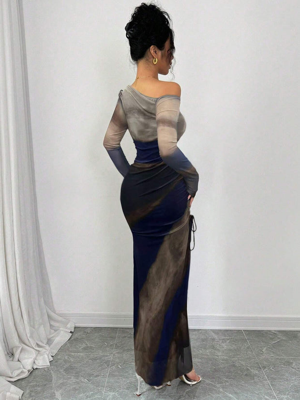 Rafferiza Elegant Tie Dye Gradient Ruched Mesh Leopard Print Asymmetrical Neck High Slit Dress Maxi Women Outfit