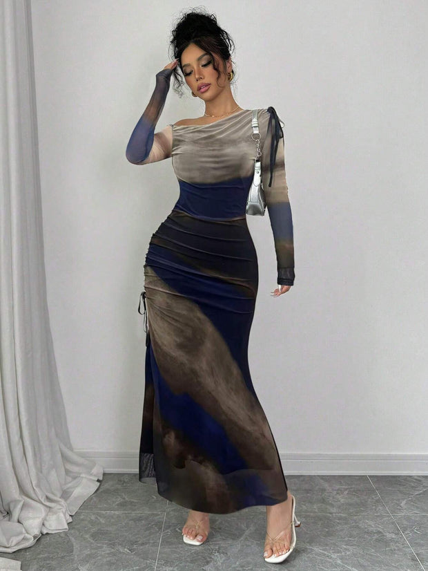 Rafferiza Elegant Tie Dye Gradient Ruched Mesh Leopard Print Asymmetrical Neck High Slit Dress Maxi Women Outfit
