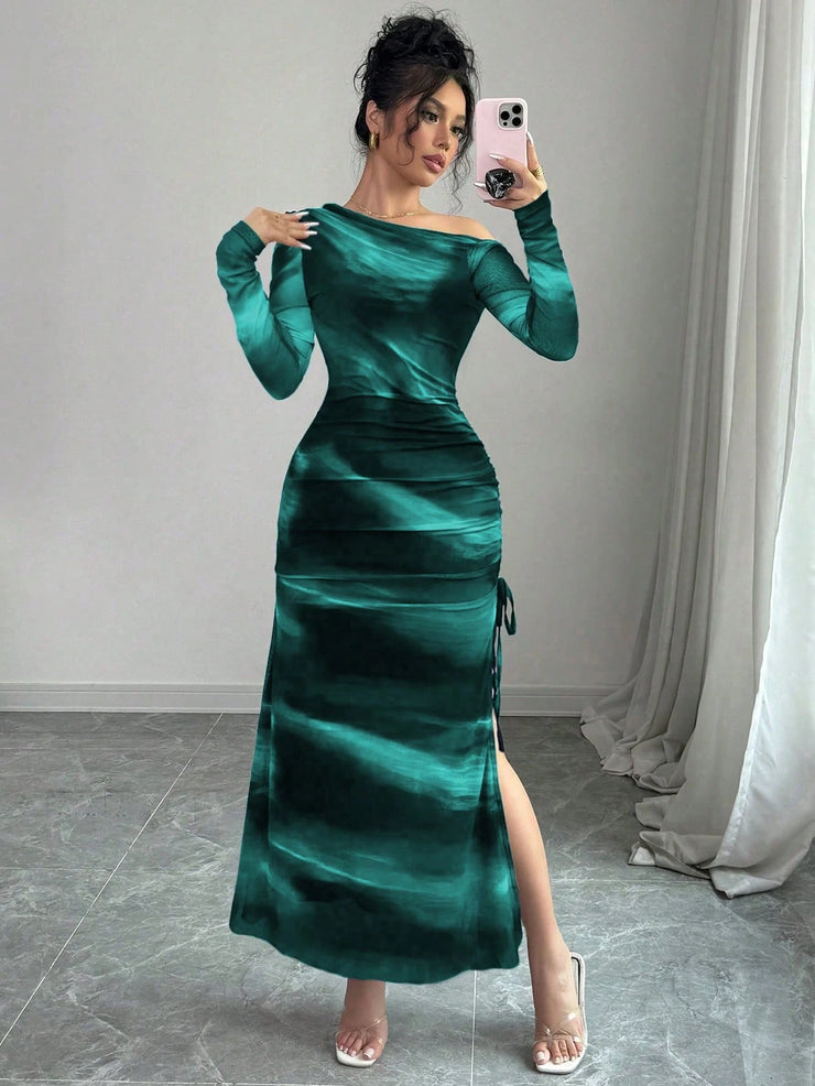 Rafferiza Elegant Tie Dye Gradient Ruched Mesh Leopard Print Asymmetrical Neck High Slit Dress Maxi Women Outfit