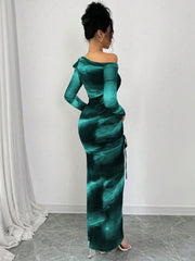 Rafferiza Elegant Tie Dye Gradient Ruched Mesh Leopard Print Asymmetrical Neck High Slit Dress Maxi Women Outfit