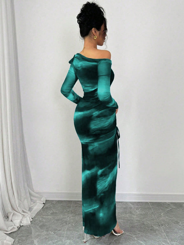 Rafferiza Elegant Tie Dye Gradient Ruched Mesh Leopard Print Asymmetrical Neck High Slit Dress Maxi Women Outfit