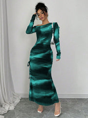 Rafferiza Elegant Tie Dye Gradient Ruched Mesh Leopard Print Asymmetrical Neck High Slit Dress Maxi Women Outfit