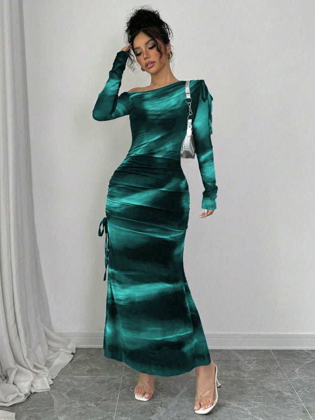 Rafferiza Elegant Tie Dye Gradient Ruched Mesh Leopard Print Asymmetrical Neck High Slit Dress Maxi Women Outfit