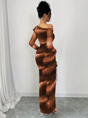 Rafferiza Elegant Tie Dye Gradient Ruched Mesh Leopard Print Asymmetrical Neck High Slit Dress Maxi Women Outfit