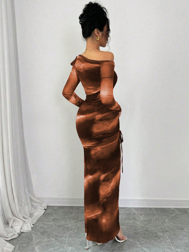 Rafferiza Elegant Tie Dye Gradient Ruched Mesh Leopard Print Asymmetrical Neck High Slit Dress Maxi Women Outfit