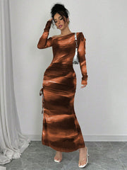 Rafferiza Elegant Tie Dye Gradient Ruched Mesh Leopard Print Asymmetrical Neck High Slit Dress Maxi Women Outfit