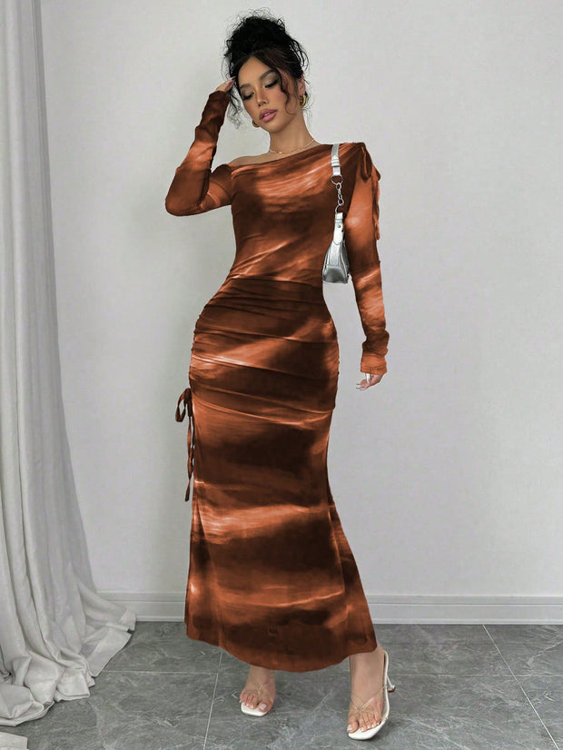 Rafferiza Elegant Tie Dye Gradient Ruched Mesh Leopard Print Asymmetrical Neck High Slit Dress Maxi Women Outfit
