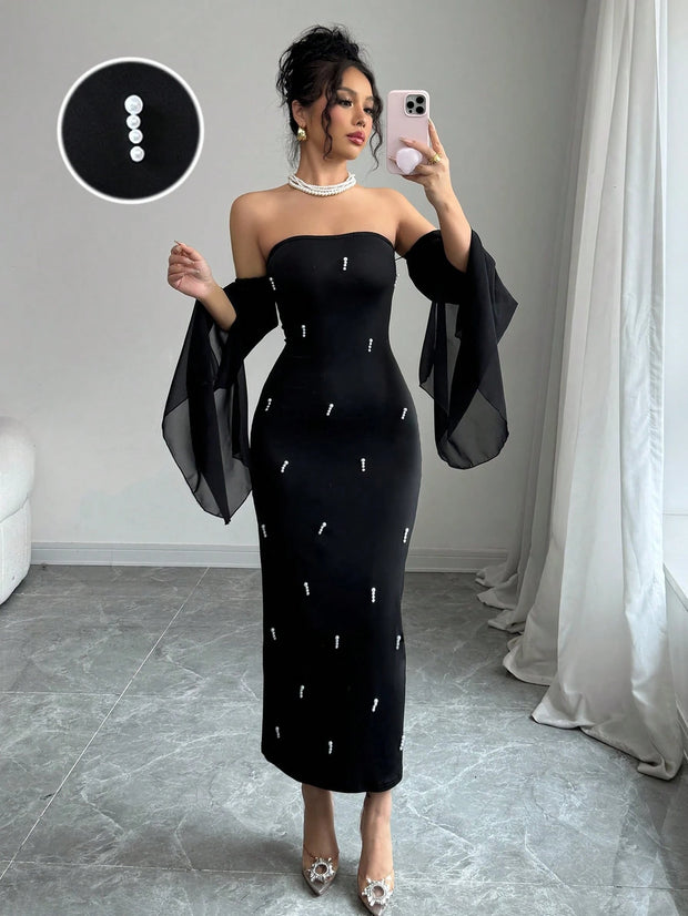 Rafferiza Women's Elegant Off-Shoulder Faux Pearl Beaded Black Sexy Tight  Long Dress