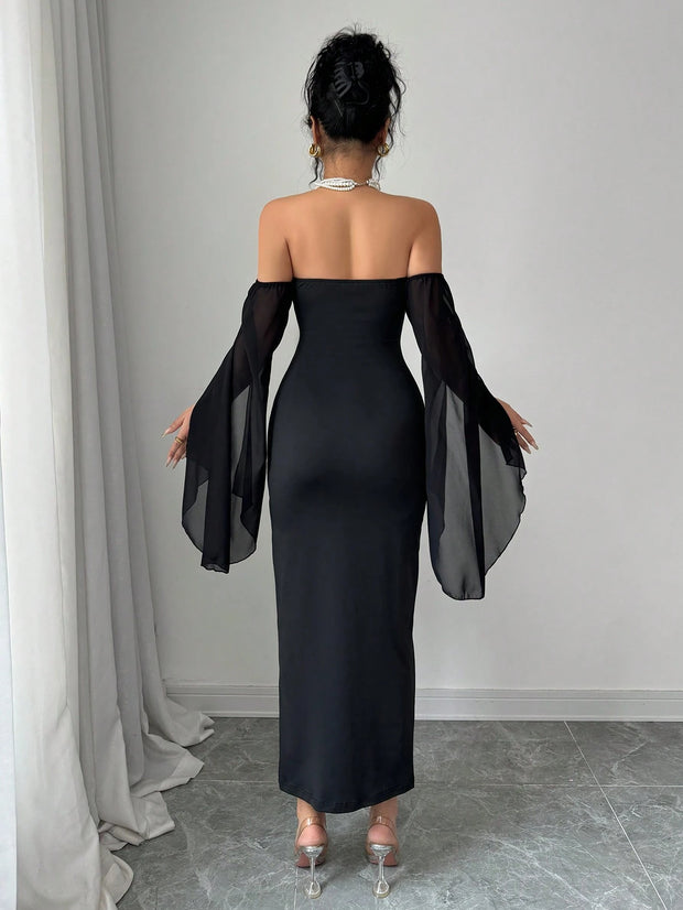 Rafferiza Women's Elegant Off-Shoulder Faux Pearl Beaded Black Sexy Tight  Long Dress