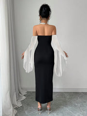 Rafferiza Women's Elegant Off-Shoulder Faux Pearl Beaded Black Sexy Tight  Long Dress