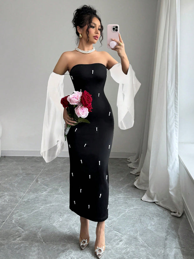 Rafferiza Women's Elegant Off-Shoulder Faux Pearl Beaded Black Sexy Tight  Long Dress