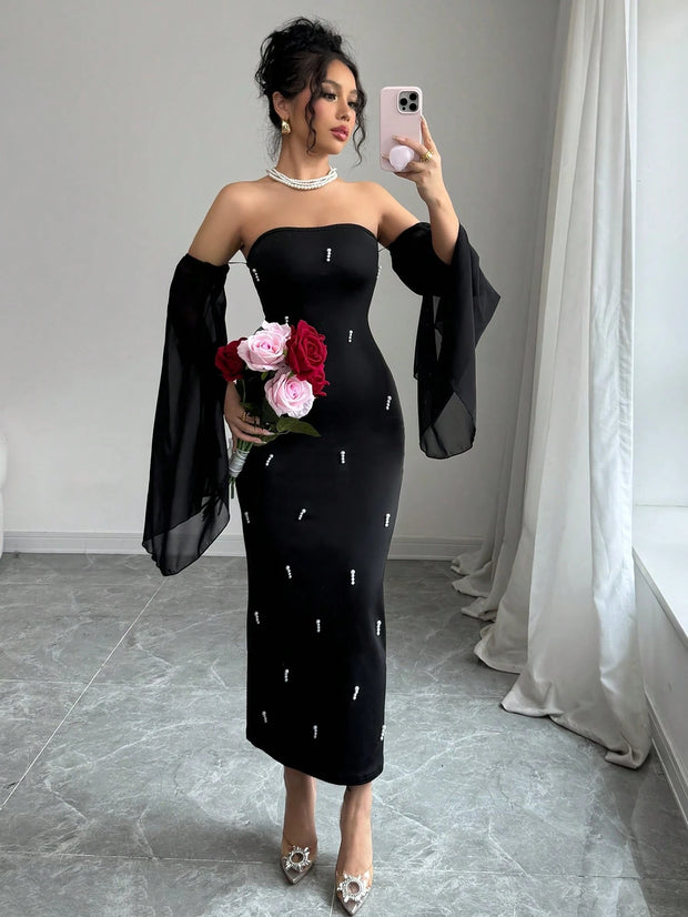 Rafferiza Women's Elegant Off-Shoulder Faux Pearl Beaded Black Sexy Tight  Long Dress