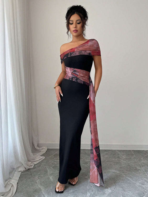 Rafferiza Women's Printed Mesh Panel Oblique Shoulder Long Black Bodycon Dress