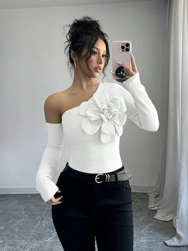 Elenzga Women's Elegant 3D Flower Decorate Oblique Shoulder Long Sleeve T-Shirt