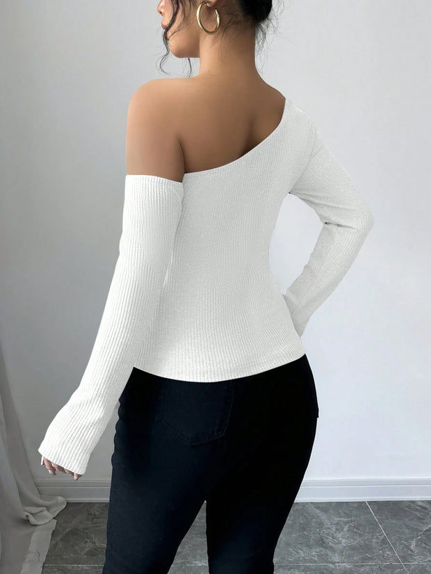 Elenzga Women's Elegant 3D Flower Decorate Oblique Shoulder Long Sleeve T-Shirt