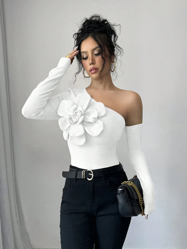 Elenzga Women's Elegant 3D Flower Decorate Oblique Shoulder Long Sleeve T-Shirt