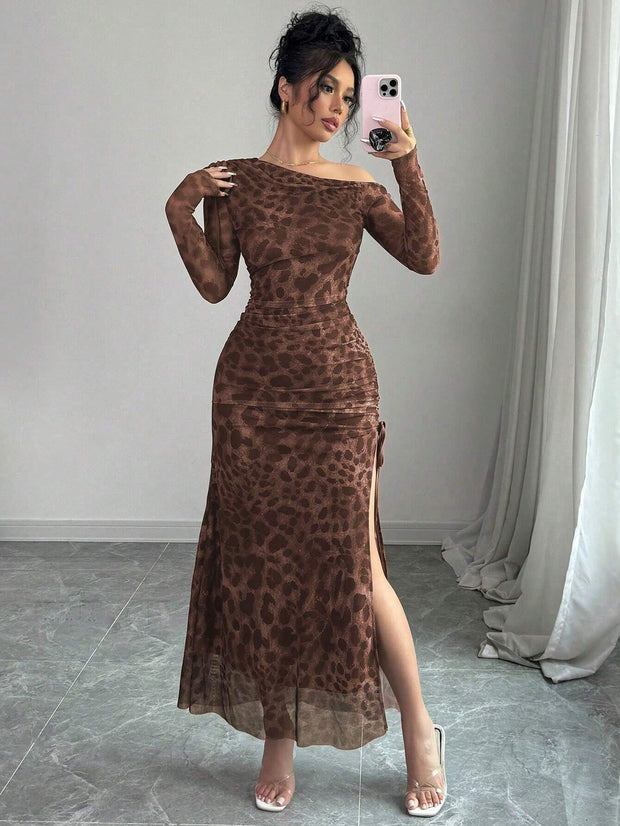 Rafferiza Elegant Tie Dye Gradient Ruched Mesh Leopard Print Asymmetrical Neck High Slit Dress Maxi Women Outfit