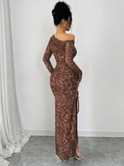 Rafferiza Elegant Tie Dye Gradient Ruched Mesh Leopard Print Asymmetrical Neck High Slit Dress Maxi Women Outfit