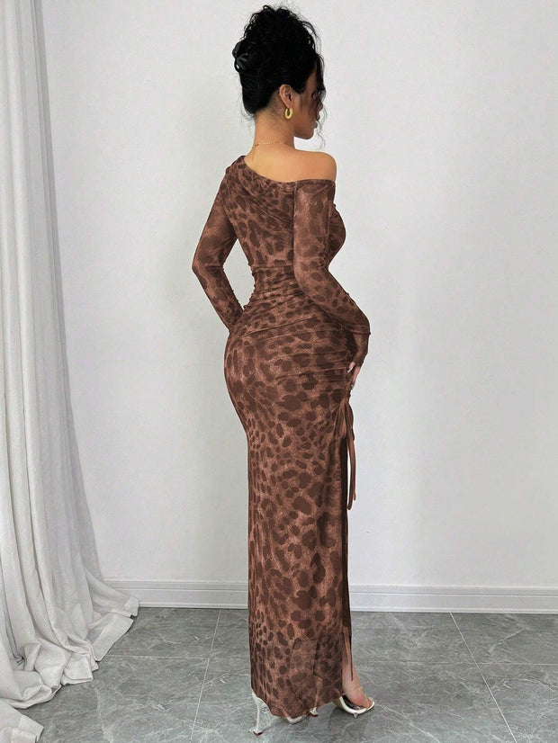 Rafferiza Elegant Tie Dye Gradient Ruched Mesh Leopard Print Asymmetrical Neck High Slit Dress Maxi Women Outfit