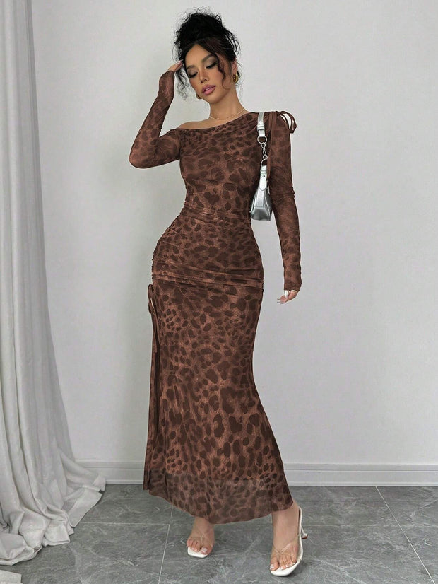 Rafferiza Elegant Tie Dye Gradient Ruched Mesh Leopard Print Asymmetrical Neck High Slit Dress Maxi Women Outfit