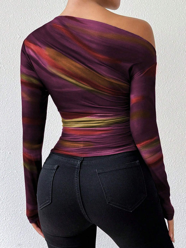 Rafferiza Marble Gradient Print Asymmetric Asymmetrical Neck Long Sleeve T-Shirt