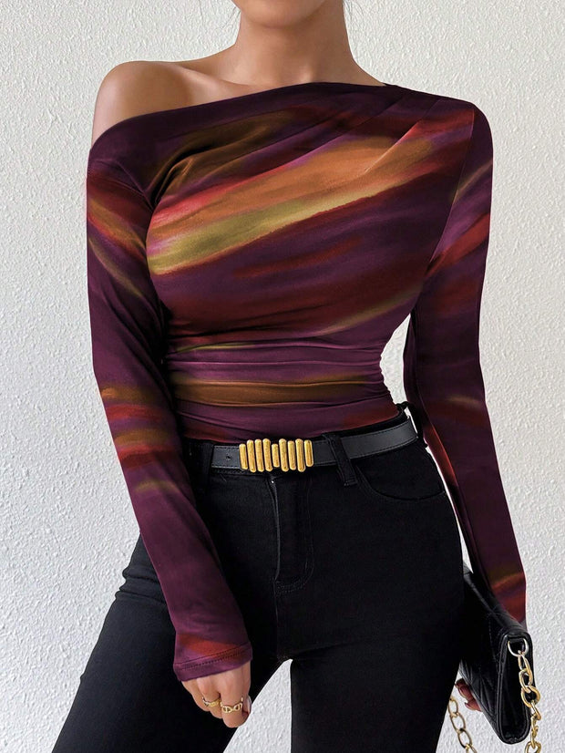 Rafferiza Marble Gradient Print Asymmetric Asymmetrical Neck Long Sleeve T-Shirt