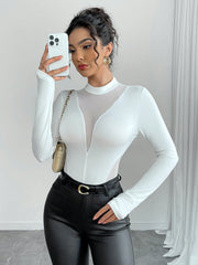 Chiquease Ladies' Fashion Mesh Contrast Long Sleeve Fingerhole Bodysuit Fall Cloth For Women