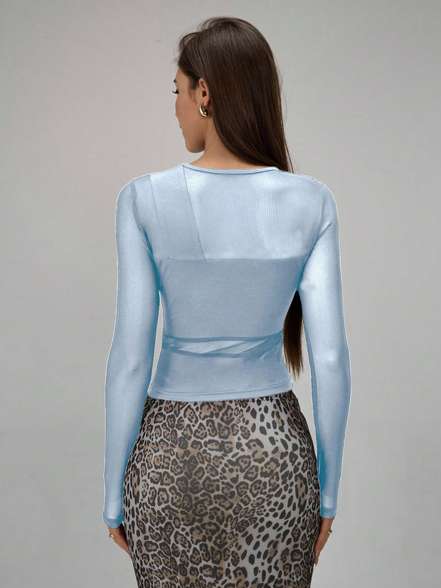 Rafferiza Women Solid Color Round Neck Long Sleeve Slim Fit Mesh Panel T-Shirt