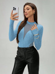 Chiquease Ladies' Fashion Mesh Contrast Long Sleeve Fingerhole Bodysuit Fall Cloth For Women