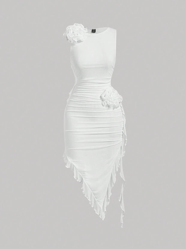 SHEIN MOD Women Fashionable Tight-Fitting Dress With Asymmetrical Hemline, 3D Flower And Sash Detail