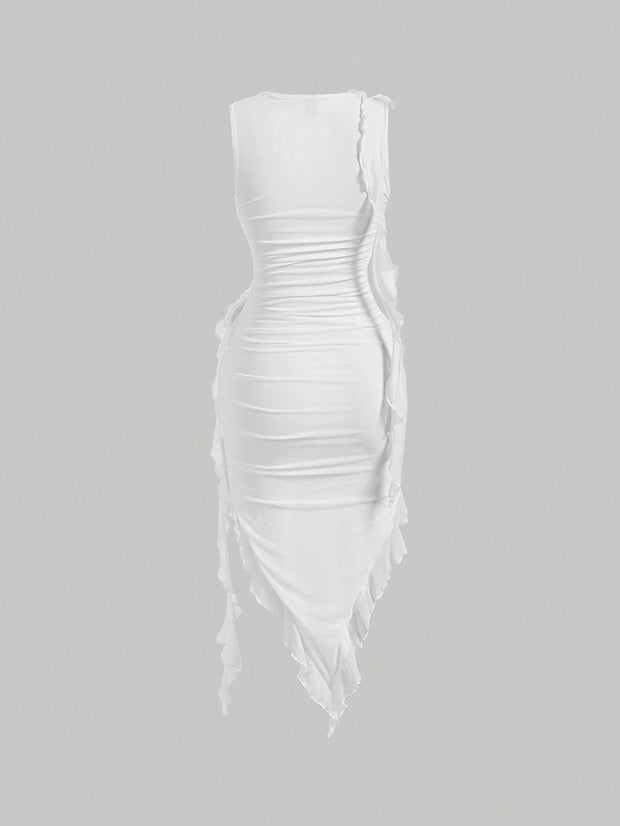SHEIN MOD Women Fashionable Tight-Fitting Dress With Asymmetrical Hemline, 3D Flower And Sash Detail