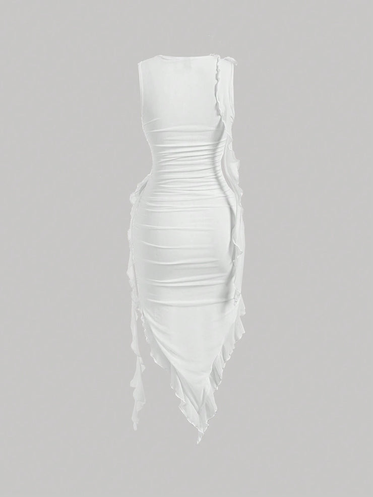 SHEIN MOD Women Fashionable Tight-Fitting Dress With Asymmetrical Hemline, 3D Flower And Sash Detail