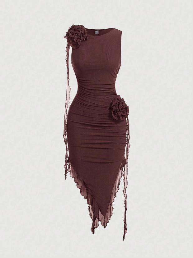 SHEIN MOD Women Fashionable Tight-Fitting Dress With Asymmetrical Hemline, 3D Flower And Sash Detail
