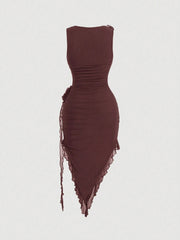 SHEIN MOD Women Fashionable Tight-Fitting Dress With Asymmetrical Hemline, 3D Flower And Sash Detail