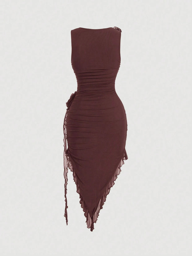 SHEIN MOD Women Fashionable Tight-Fitting Dress With Asymmetrical Hemline, 3D Flower And Sash Detail