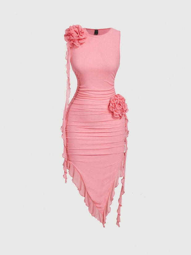 SHEIN MOD Women Fashionable Tight-Fitting Dress With Asymmetrical Hemline, 3D Flower And Sash Detail