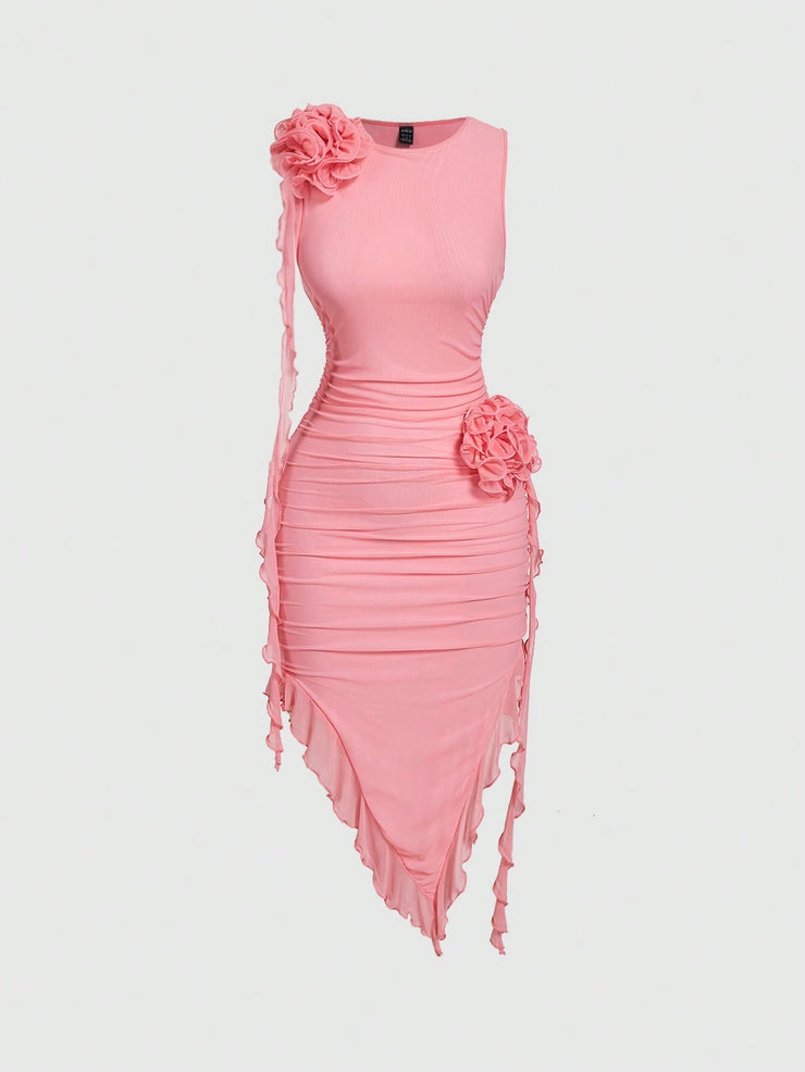 SHEIN MOD Women Fashionable Tight-Fitting Dress With Asymmetrical Hemline, 3D Flower And Sash Detail
