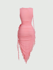 SHEIN MOD Women Fashionable Tight-Fitting Dress With Asymmetrical Hemline, 3D Flower And Sash Detail