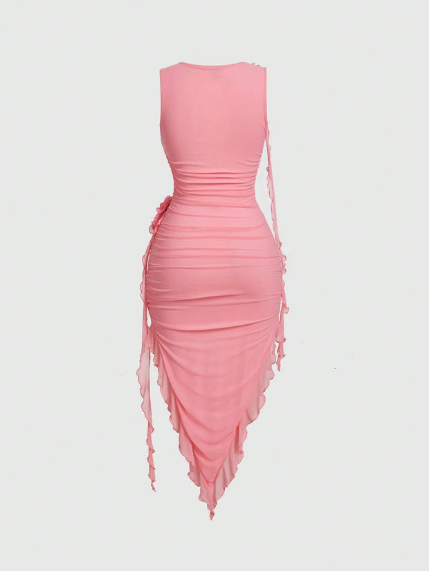 SHEIN MOD Women Fashionable Tight-Fitting Dress With Asymmetrical Hemline, 3D Flower And Sash Detail