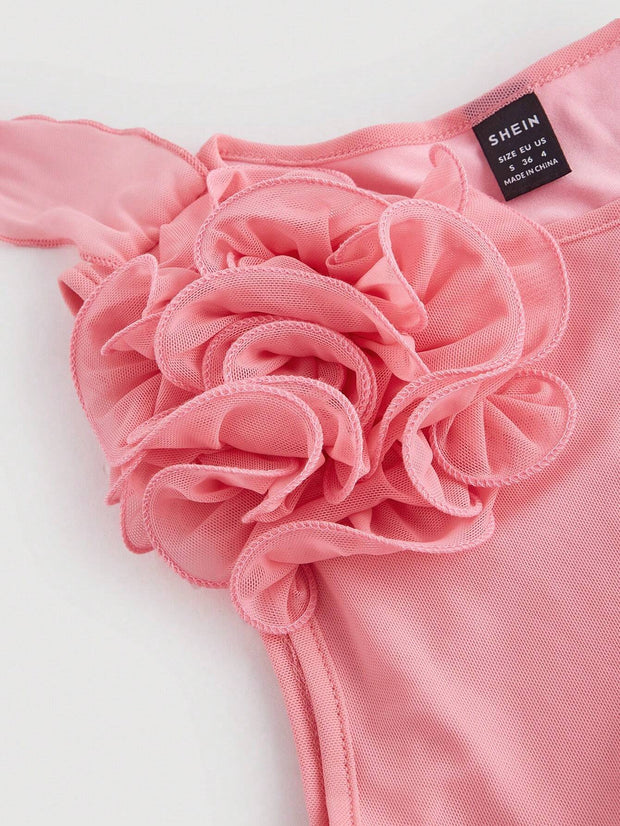 SHEIN MOD Women Fashionable Tight-Fitting Dress With Asymmetrical Hemline, 3D Flower And Sash Detail