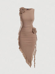 SHEIN MOD Women Fashionable Tight-Fitting Dress With Asymmetrical Hemline, 3D Flower And Sash Detail