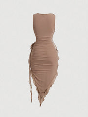 SHEIN MOD Women Fashionable Tight-Fitting Dress With Asymmetrical Hemline, 3D Flower And Sash Detail